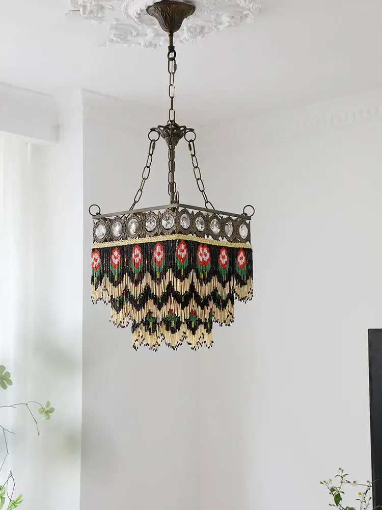 Antique retro black rose tassel pendant lights with dark metal frame and multicolor beaded fringe for living room decorbites black rose chandelier