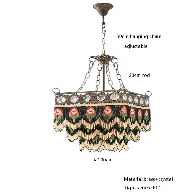 Antique retro black rose tassel pendant lights featuring a 100cm brass chandelier with clear crystals and floral beaded fringe