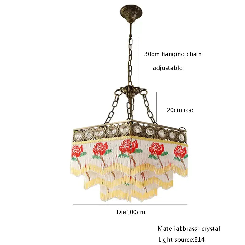 Antique brass chandelier pendant lights with red floral embroidery and yellow fringe for decorbites black rose tassel decor