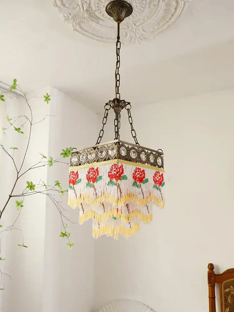Antique retro black rose tassel pendant lights with brass frame crystal accents and red rose embroidery decorbites black rose