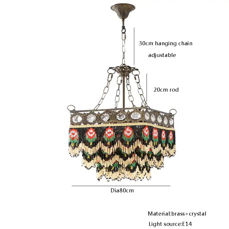 Antique brass pendant lights with crystal accents and decorbites black rose tassel featuring red green and black floral patterns