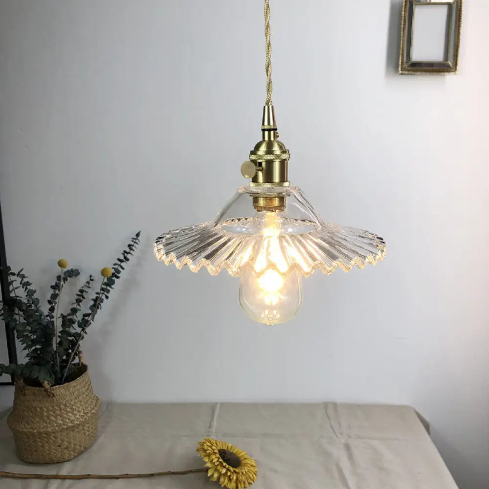 Antique Ribbed Glass Cone Pendant Light Fixture - 1-Light Restaurant Hanging Lighting