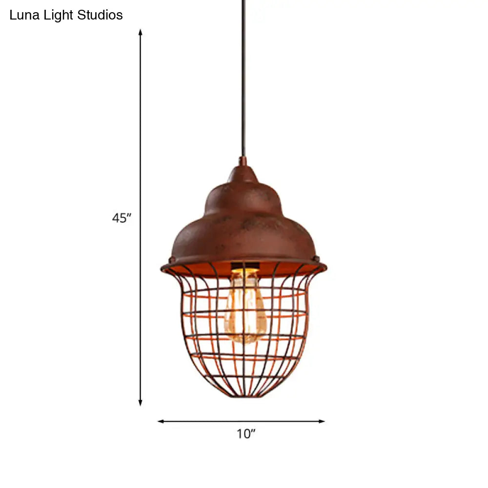 Antique Rust Iron Pendant Lamp with Double Bubble and Urn Cage Shade