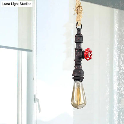 Antique Rust Metal & Rope Warehouse Pendant Light - Adjustable Ceiling Fixture with Bare Bulb