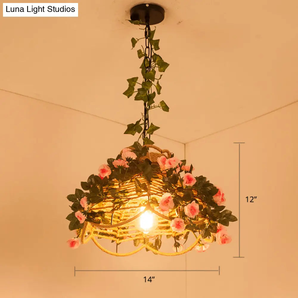 Antique Scalloped Hemp Rope Pendant Light with Green Decorative Rose - Ideal for Restaurants - 1-Light Hanging Fixture