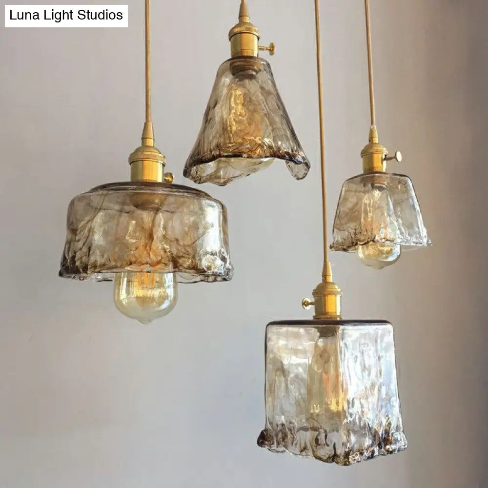 Antique Shaded Pendant Light - 1-Light Brown Glass Hanging Light in Brass for Dining Room Decor