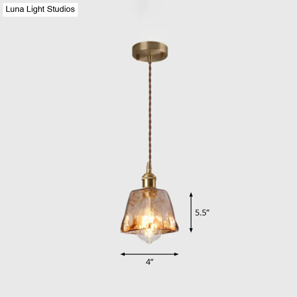 Antique Shaded Pendant Light - 1-Light Brown Glass Hanging Light in Brass for Dining Room Decor