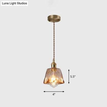 Antique Shaded Pendant Light - 1-Light Brown Glass Hanging Light in Brass for Dining Room Decor