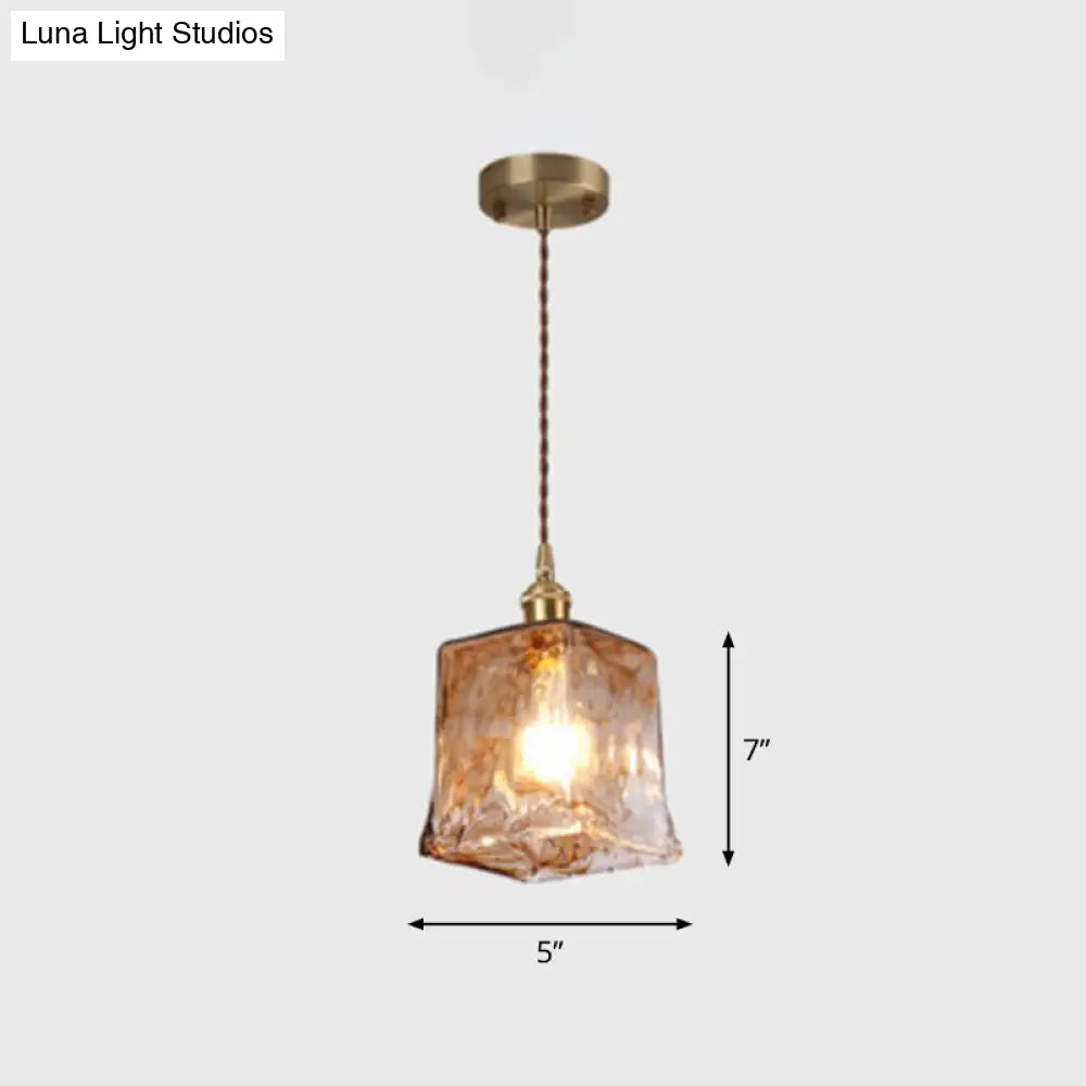 Antique Shaded Pendant Light - 1-Light Brown Glass Hanging Light in Brass for Dining Room Decor