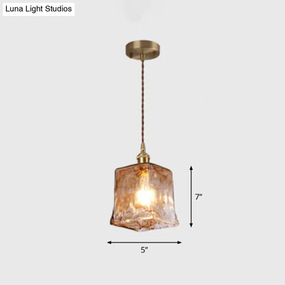 Antique Shaded Pendant Light - 1-Light Brown Glass Hanging Light in Brass for Dining Room Decor