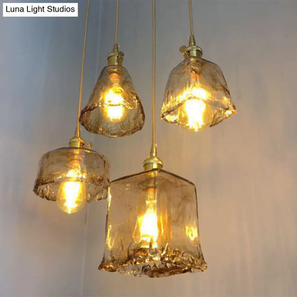 Antique Shaded Pendant Light - 1-Light Brown Glass Hanging Light in Brass for Dining Room Decor