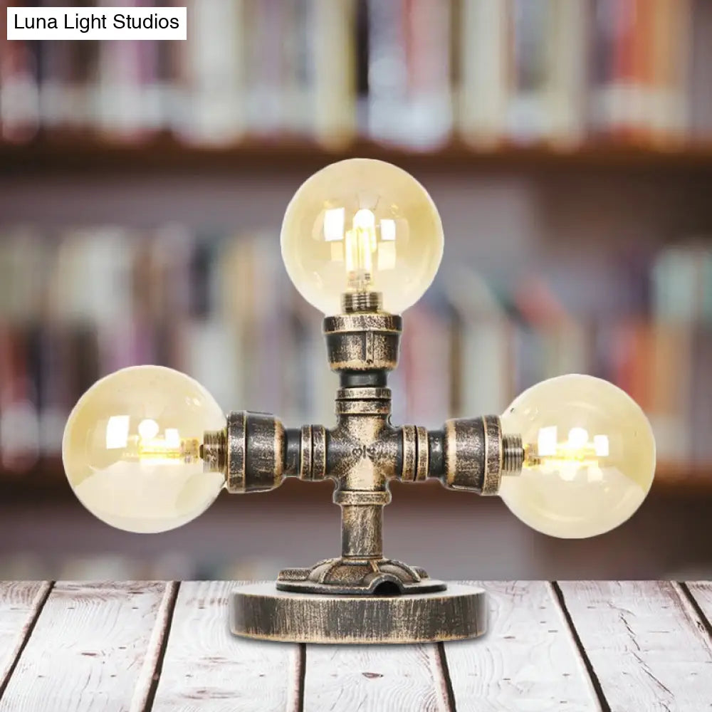 مصباح مكتبي صناعي دائري عتيق باللون الفضي/البرونزي - إضاءة عمل زجاجية شفافة/كهرمانية بقاعدة، مكون من 2/3 لمبات