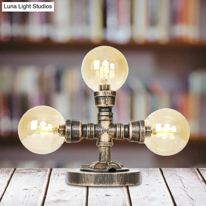 مصباح مكتبي صناعي دائري عتيق باللون الفضي/البرونزي - إضاءة عمل زجاجية شفافة/كهرمانية بقاعدة، مكون من 2/3 لمبات