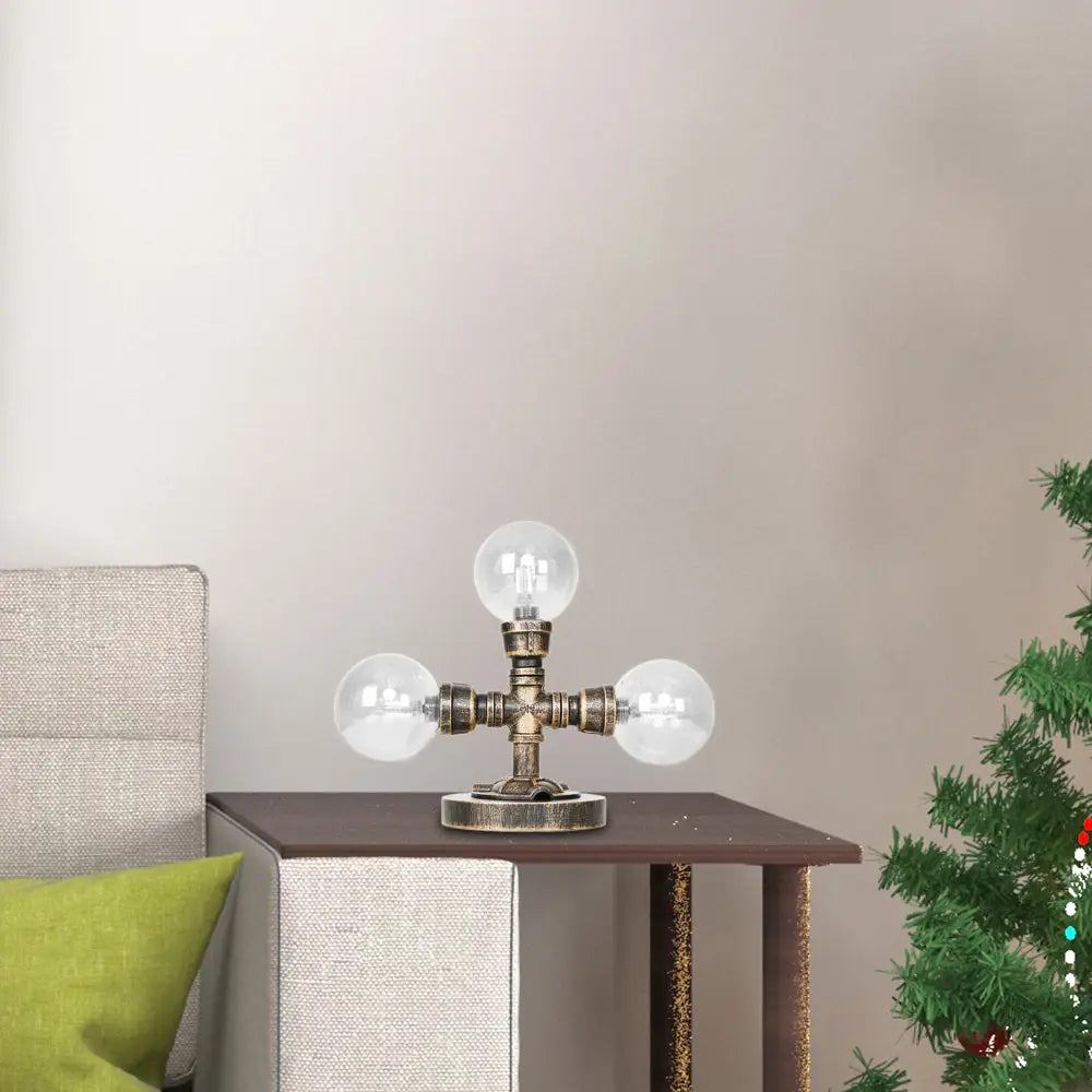 مصباح مكتبي صناعي دائري عتيق باللون الفضي/البرونزي - إضاءة عمل زجاجية شفافة/كهرمانية بقاعدة، مكون من 2/3 لمبات