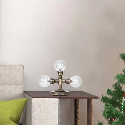 مصباح مكتبي صناعي دائري عتيق باللون الفضي/البرونزي - إضاءة عمل زجاجية شفافة/كهرمانية بقاعدة، مكون من 2/3 لمبات