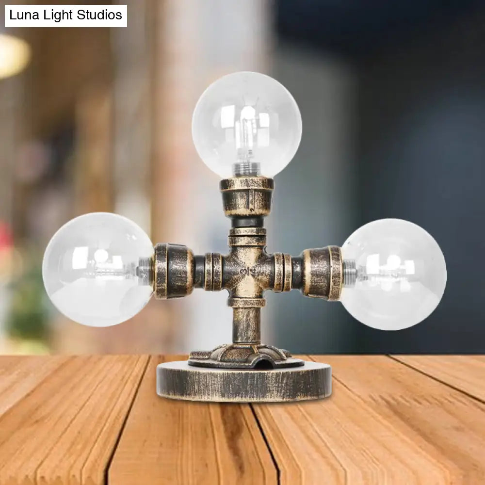 مصباح مكتبي صناعي دائري عتيق باللون الفضي/البرونزي - إضاءة عمل زجاجية شفافة/كهرمانية بقاعدة، مكون من 2/3 لمبات
