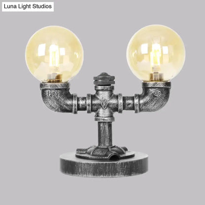 مصباح مكتبي صناعي دائري عتيق باللون الفضي/البرونزي - إضاءة عمل زجاجية شفافة/كهرمانية بقاعدة، مكون من 2/3 لمبات