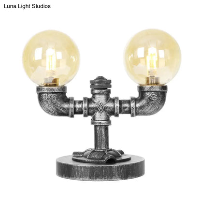 مصباح مكتبي صناعي دائري عتيق باللون الفضي/البرونزي - إضاءة عمل زجاجية شفافة/كهرمانية بقاعدة، مكون من 2/3 لمبات