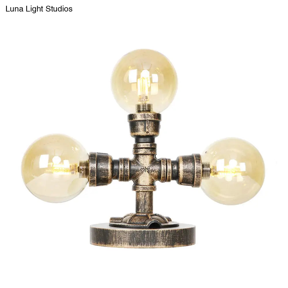 مصباح مكتبي صناعي دائري عتيق باللون الفضي/البرونزي - إضاءة عمل زجاجية شفافة/كهرمانية بقاعدة، مكون من 2/3 لمبات