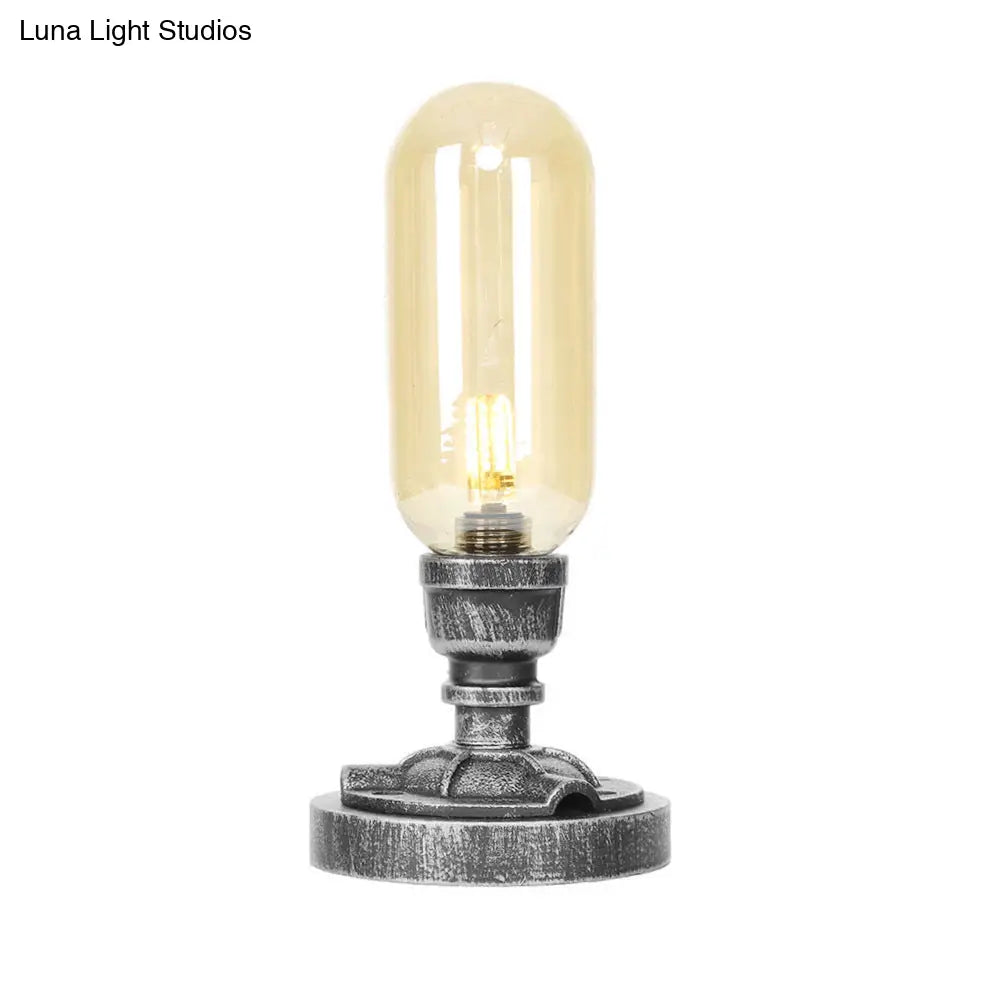 Lámpara de escritorio industrial plateada antigua con pantalla de cristal transparente/ámbar y brazo curvo