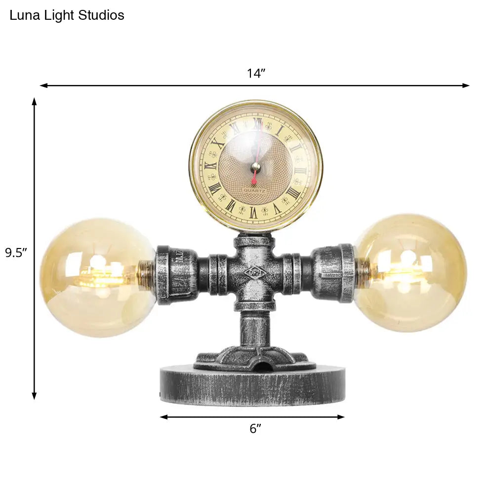 Lámpara de mesa redonda de plata antigua con pantalla de cristal transparente/ámbar - Estilo industrial, 2 luces y base robusta