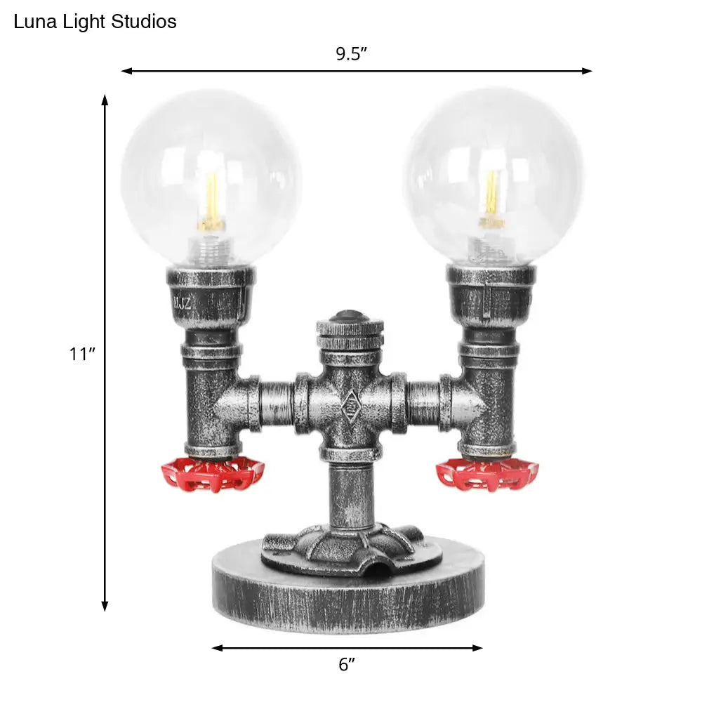 Lámpara de mesa redonda de plata antigua con pantalla de cristal transparente/ámbar - Estilo industrial, 2 luces y base robusta