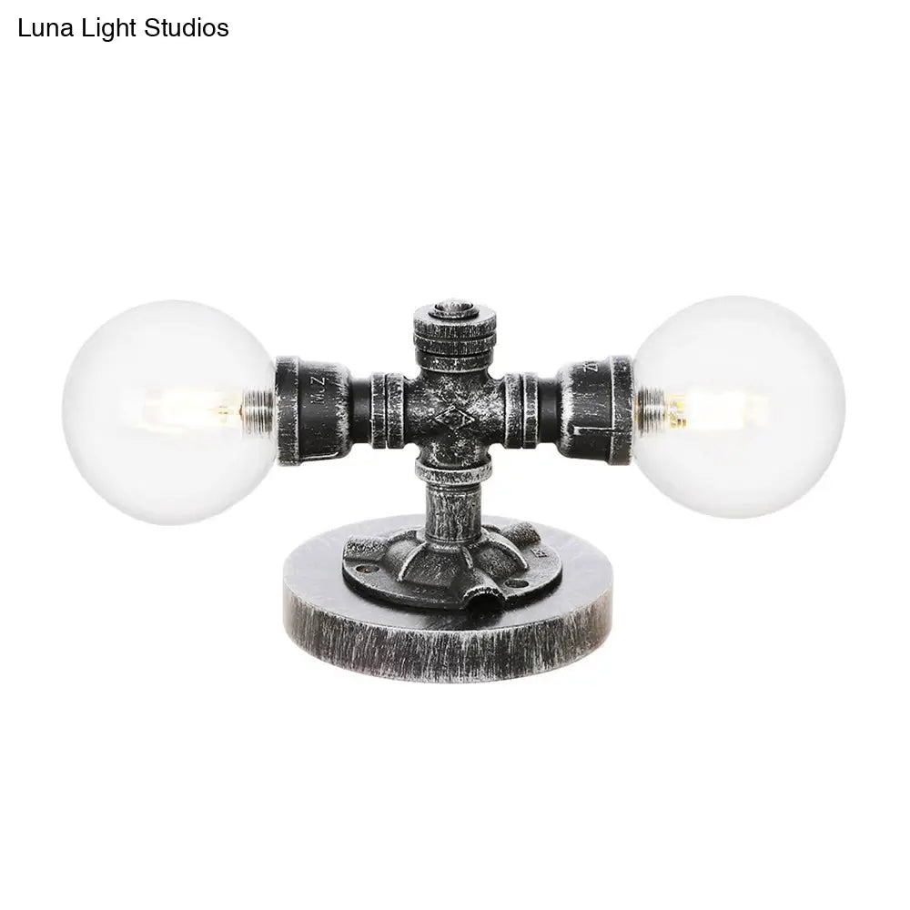 Lámpara de mesa redonda de plata antigua con pantalla de cristal transparente/ámbar - Estilo industrial, 2 luces y base robusta