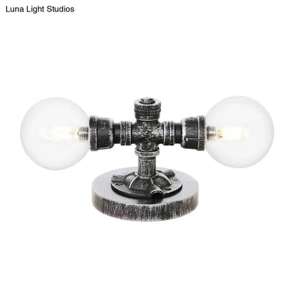 Lámpara de mesa redonda de plata antigua con pantalla de cristal transparente/ámbar - Estilo industrial, 2 luces y base robusta