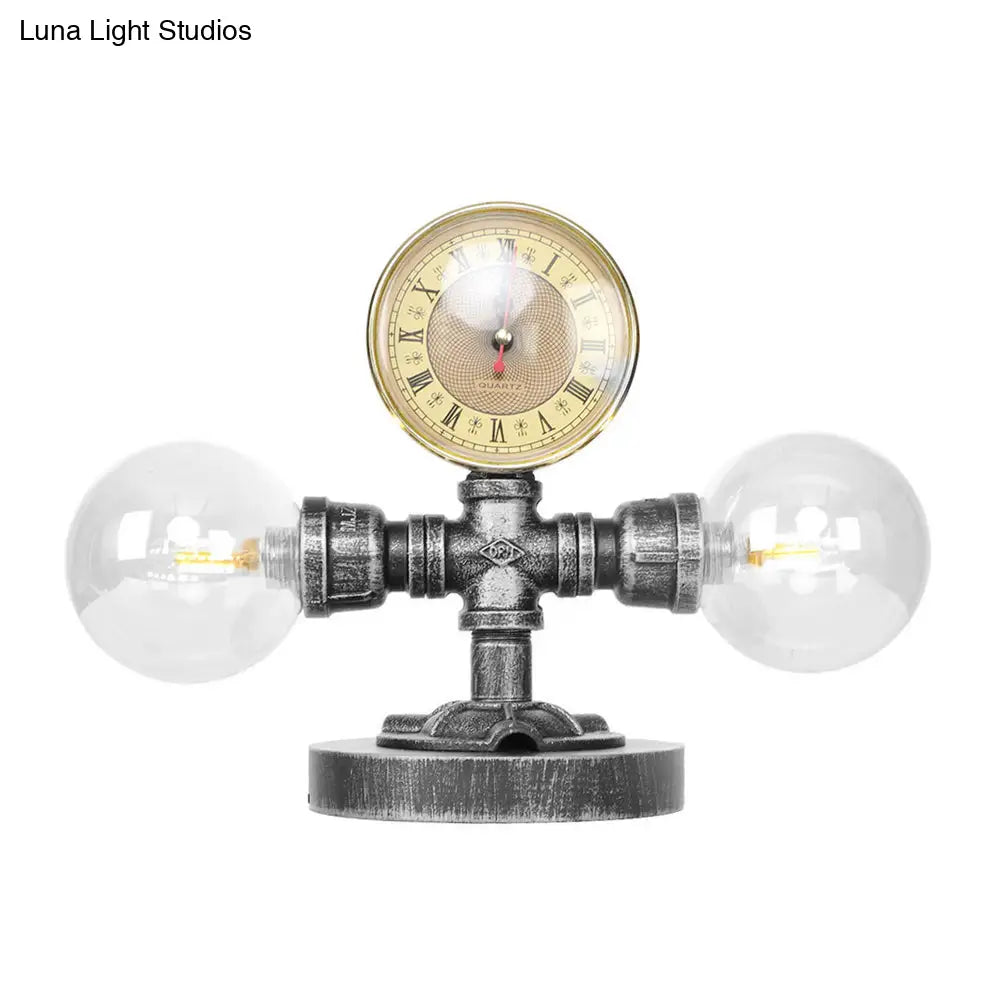 Lámpara de mesa redonda de plata antigua con pantalla de cristal transparente/ámbar - Estilo industrial, 2 luces y base robusta