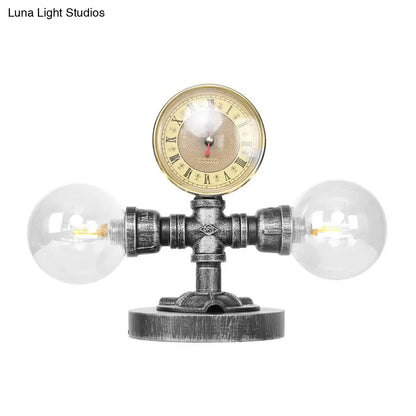 Lámpara de mesa redonda de plata antigua con pantalla de cristal transparente/ámbar - Estilo industrial, 2 luces y base robusta