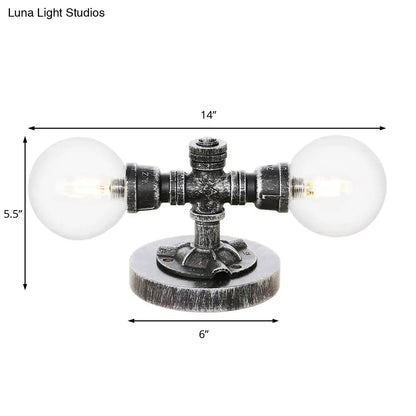 Lámpara de mesa redonda de plata antigua con pantalla de cristal transparente/ámbar - Estilo industrial, 2 luces y base robusta
