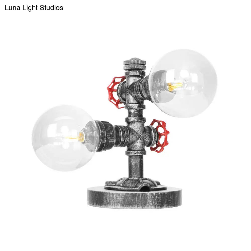 Lámpara de mesa redonda de plata antigua con pantalla de cristal transparente/ámbar - Estilo industrial, 2 luces y base robusta