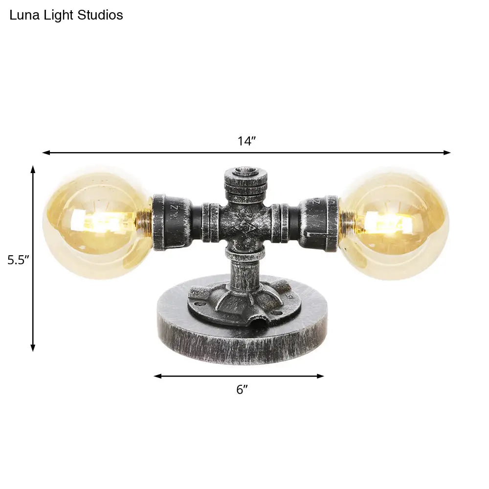 Lámpara de mesa redonda de plata antigua con pantalla de cristal transparente/ámbar - Estilo industrial, 2 luces y base robusta