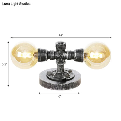 Lámpara de mesa redonda de plata antigua con pantalla de cristal transparente/ámbar - Estilo industrial, 2 luces y base robusta