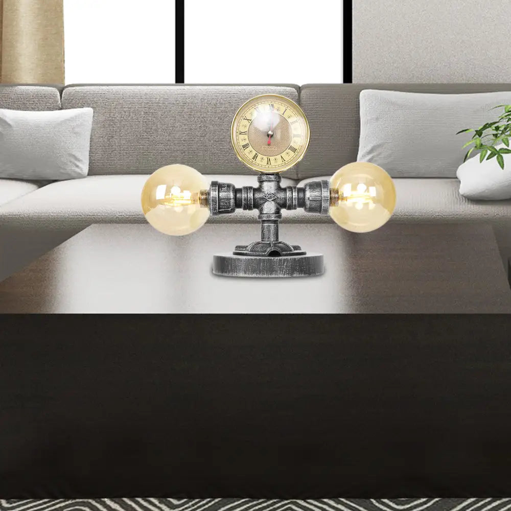 Lámpara de mesa redonda de plata antigua con pantalla de cristal transparente/ámbar - Estilo industrial, 2 luces y base robusta