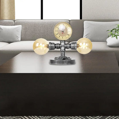 Lámpara de mesa redonda de plata antigua con pantalla de cristal transparente/ámbar - Estilo industrial, 2 luces y base robusta