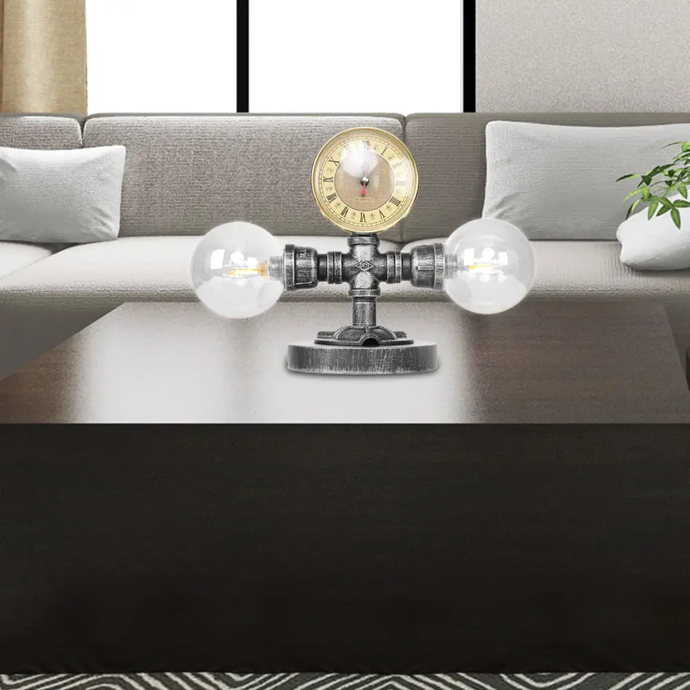 Lámpara de mesa redonda de plata antigua con pantalla de cristal transparente/ámbar - Estilo industrial, 2 luces y base robusta