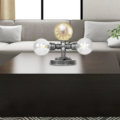 Lámpara de mesa redonda de plata antigua con pantalla de cristal transparente/ámbar - Estilo industrial, 2 luces y base robusta