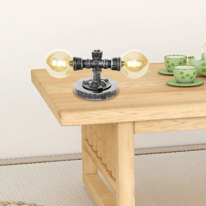 Lámpara de mesa redonda de plata antigua con pantalla de cristal transparente/ámbar - Estilo industrial, 2 luces y base robusta