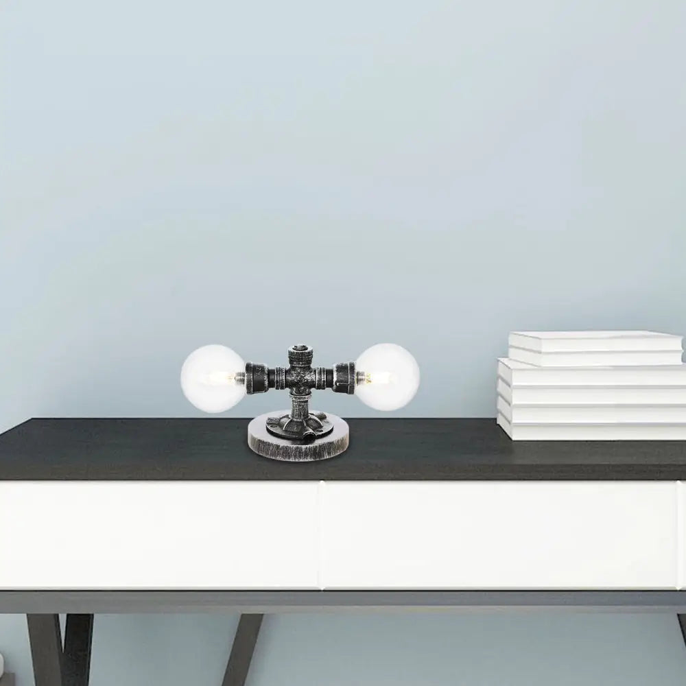 Lámpara de mesa redonda de plata antigua con pantalla de cristal transparente/ámbar - Estilo industrial, 2 luces y base robusta