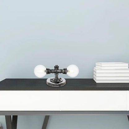 Lámpara de mesa redonda de plata antigua con pantalla de cristal transparente/ámbar - Estilo industrial, 2 luces y base robusta