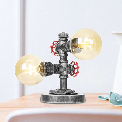 Lámpara de mesa redonda de plata antigua con pantalla de cristal transparente/ámbar - Estilo industrial, 2 luces y base robusta