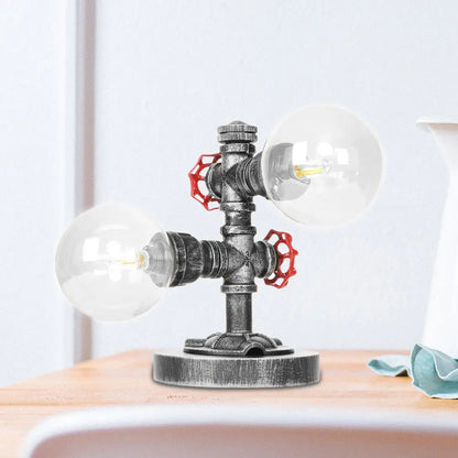 Lámpara de mesa redonda de plata antigua con pantalla de cristal transparente/ámbar - Estilo industrial, 2 luces y base robusta