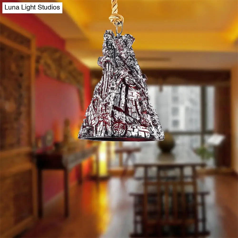 Antique Silver Tapered Shade Hanging Lamp: Stylish 1 Head Resin Pendant Light with Charcoal Design