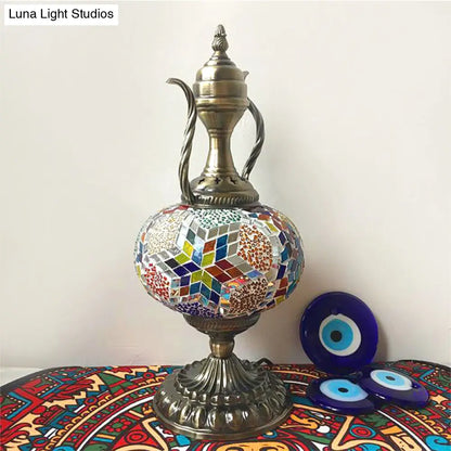 Lámpara de escritorio pequeña antigua - Esfera de cristal blanco/rojo/naranja - Iluminación de trabajo con 1 bombilla y base metálica para sala de estar/hogar