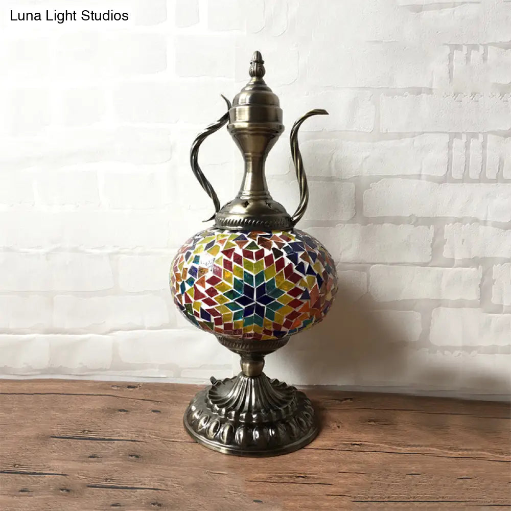 Lámpara de escritorio pequeña antigua - Esfera de cristal blanco/rojo/naranja - Iluminación de trabajo con 1 bombilla y base metálica para sala de estar/hogar