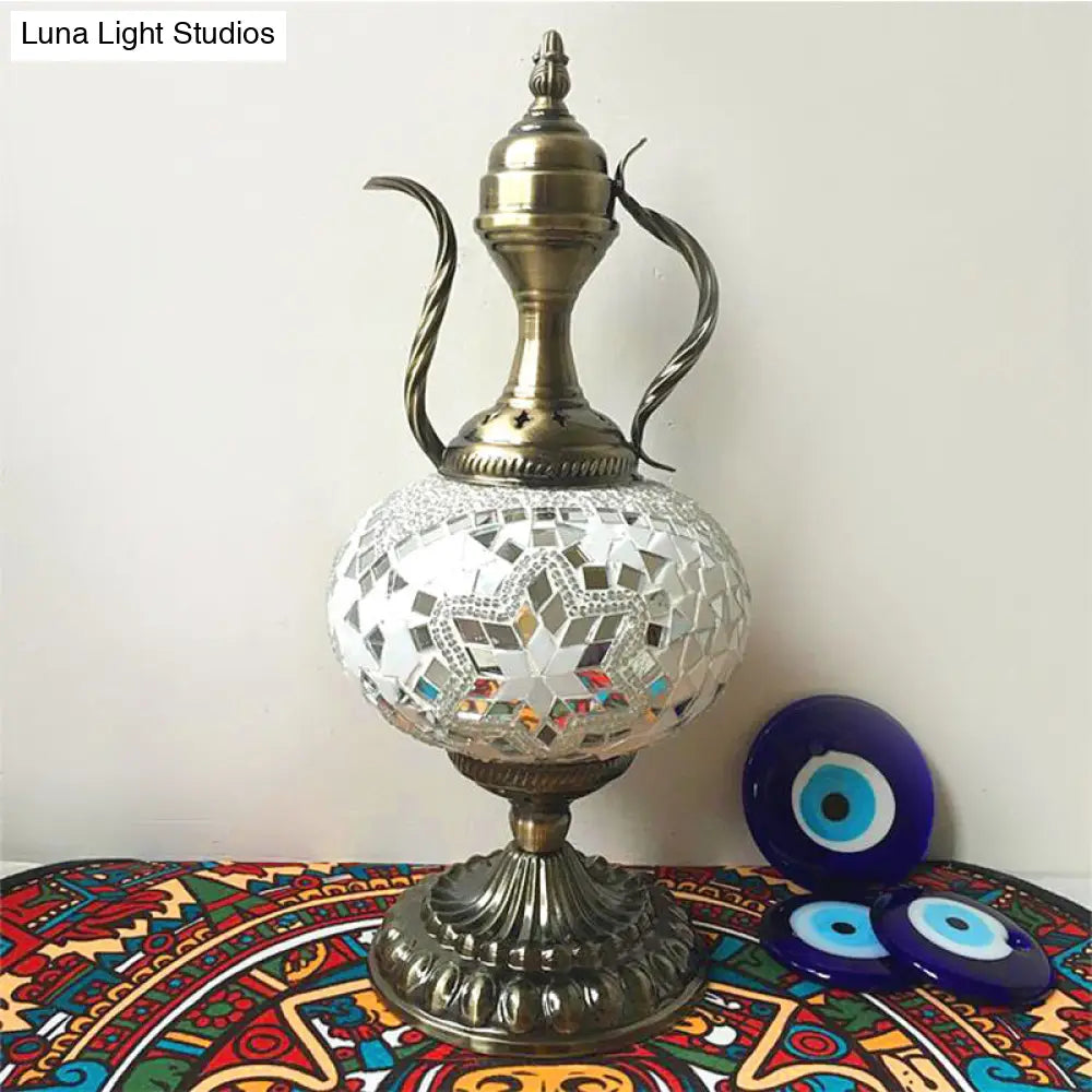 Lámpara de escritorio pequeña antigua - Esfera de cristal blanco/rojo/naranja - Iluminación de trabajo con 1 bombilla y base metálica para sala de estar/hogar