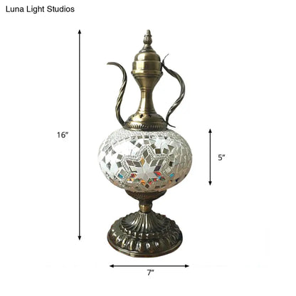 Lámpara de escritorio pequeña antigua - Esfera de cristal blanco/rojo/naranja - Iluminación de trabajo con 1 bombilla y base metálica para sala de estar/hogar