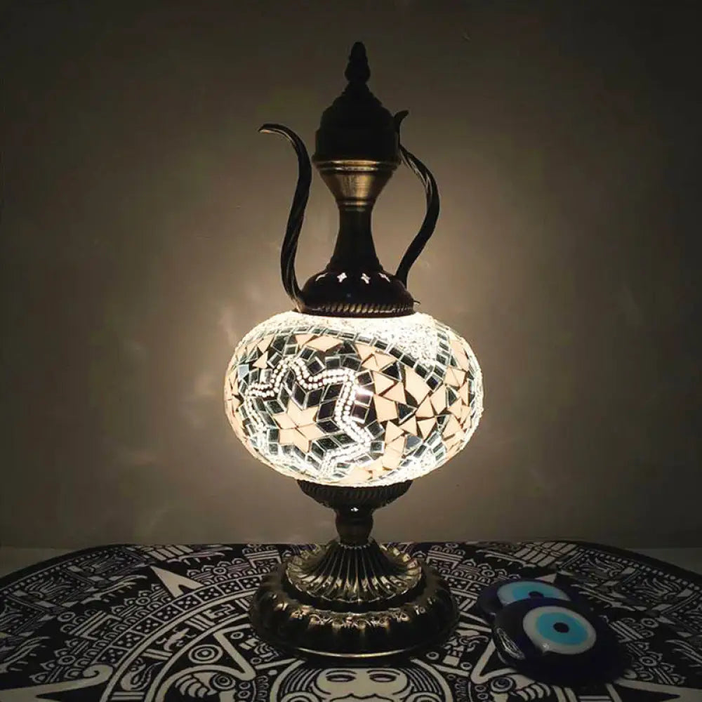 Lámpara de escritorio pequeña antigua - Esfera de cristal blanco/rojo/naranja - Iluminación de trabajo con 1 bombilla y base metálica para sala de estar/hogar