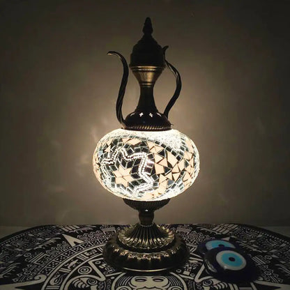 Lámpara de escritorio pequeña antigua - Esfera de cristal blanco/rojo/naranja - Iluminación de trabajo con 1 bombilla y base metálica para sala de estar/hogar